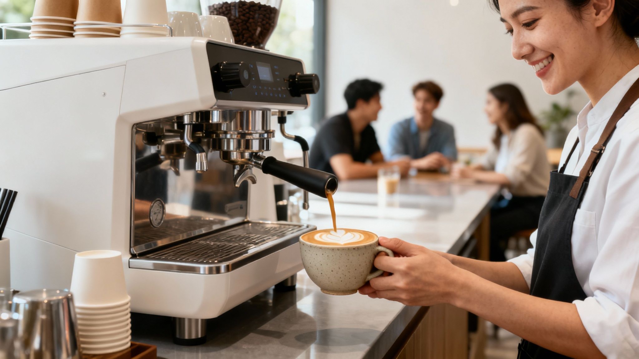 A smiling barista pours latte art coffee from an espresso machine into a cup.