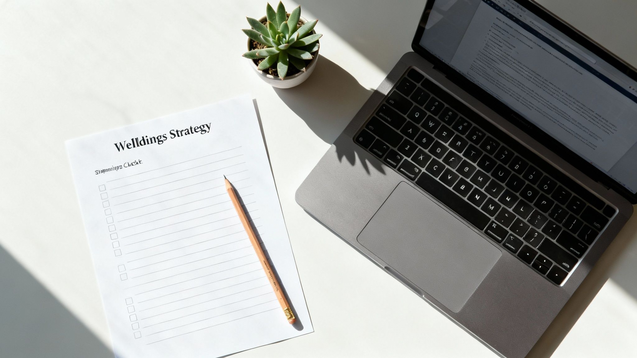 Flat lay of a bright workspace with a laptop, 'Welldings Strategy' document, pencil, and a plant.