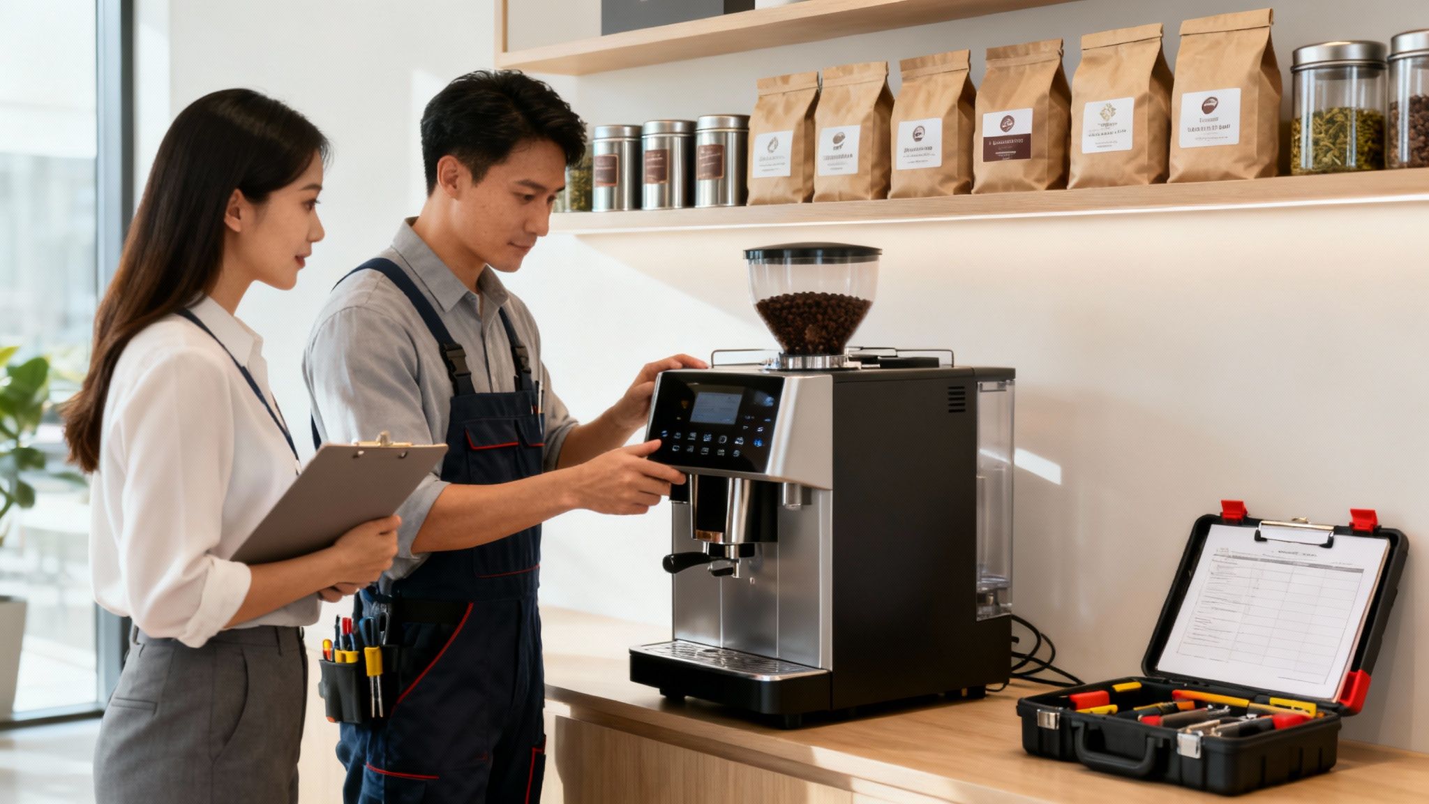 A technician repairs a bean-to-cup coffee machine, while a woman holds a clipboard, observing the process.