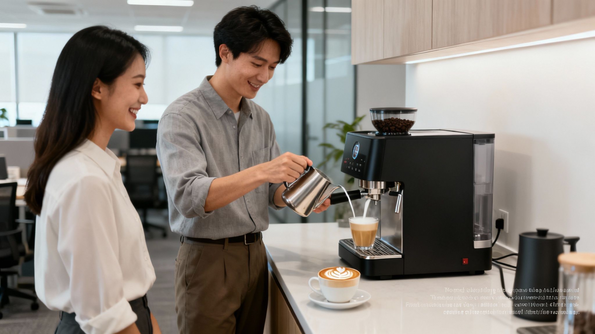 Man preparing coffee with steamed milk and latte art in an office breakroom, watched by a smiling woman.