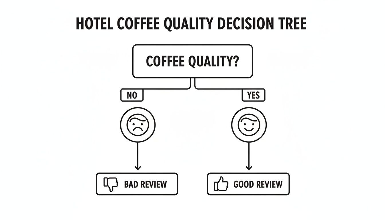 A decision tree illustrates how hotel coffee quality directly influences customer satisfaction and online reviews.
