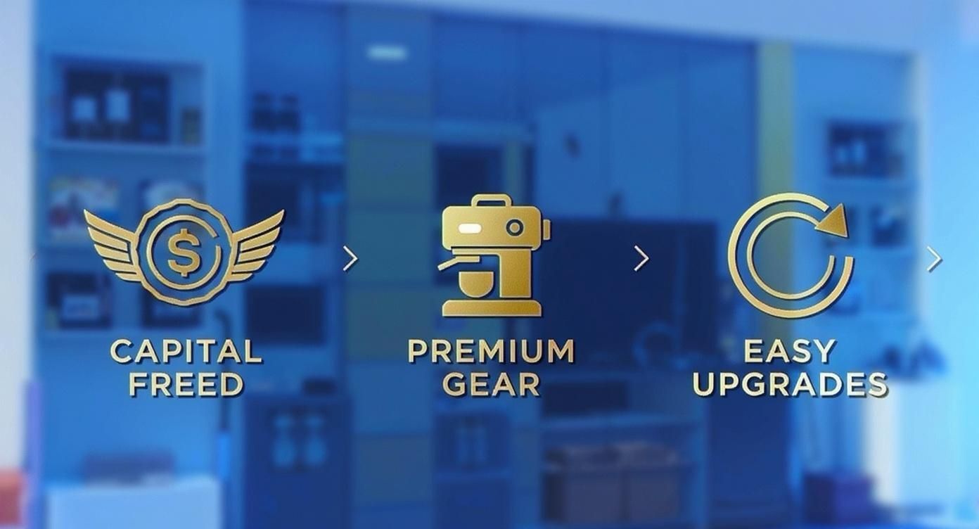 Golden icons illustrating business benefits: capital freed, premium gear, and easy upgrades.