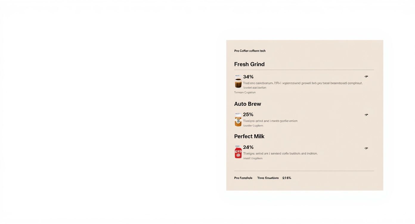 Infographic showcasing the core features of professional bean to cup coffee machines including fresh grind, auto brew, and perfect milk.
