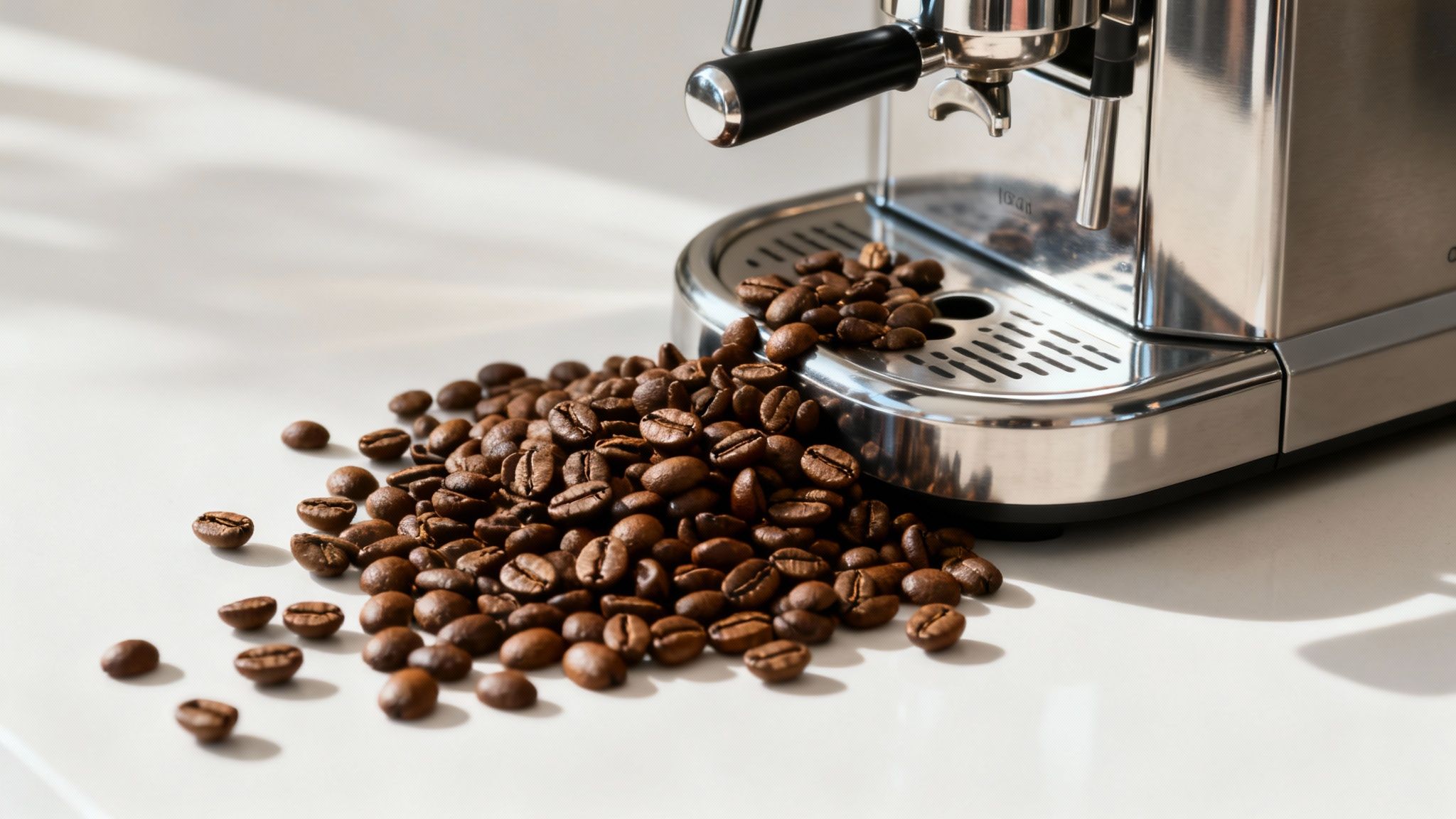 A cup of professionally made coffee next to a Franke bean to cup machine