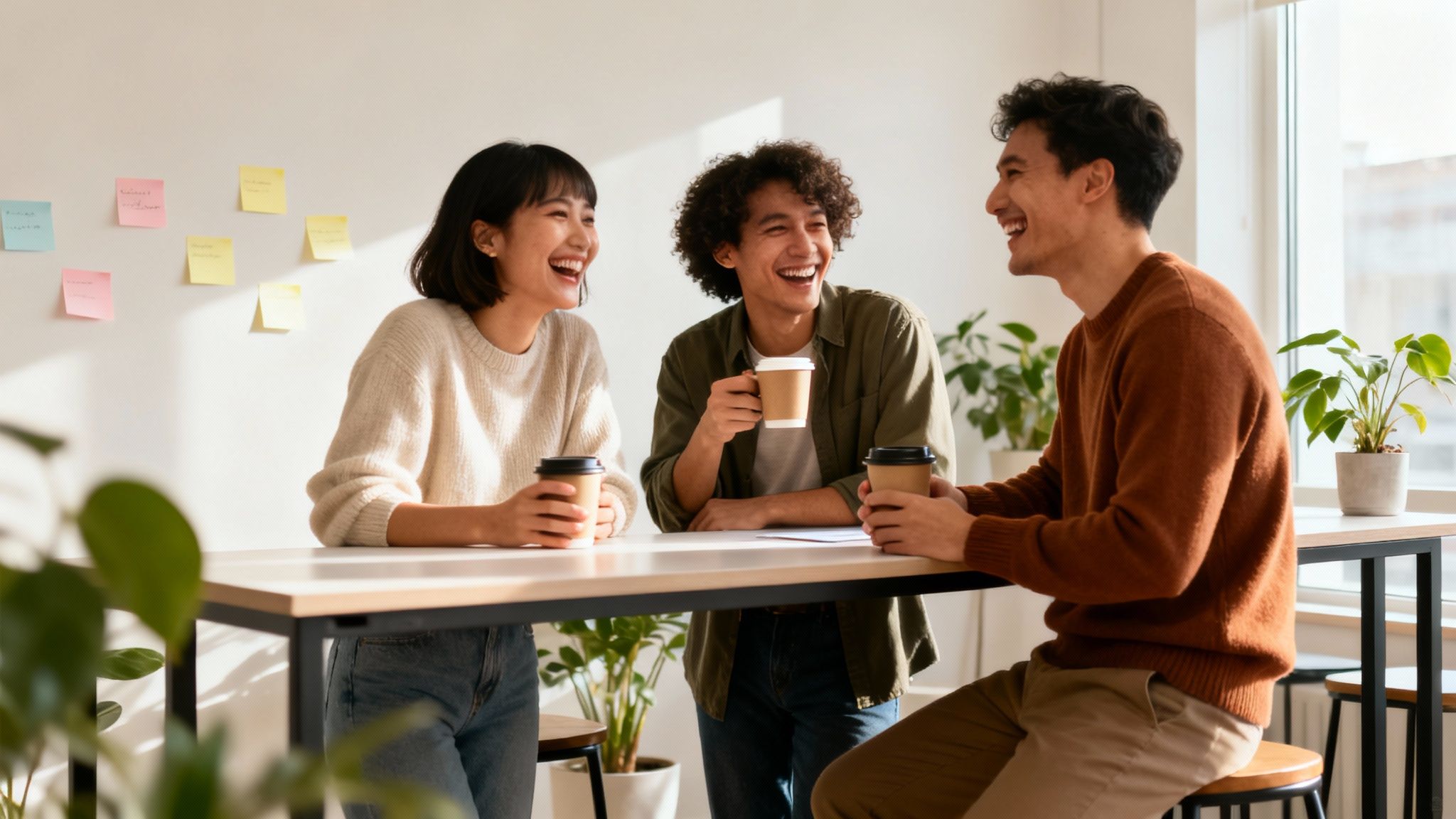 Three young colleagues enjoying a coffee break, laughing together in a bright office.