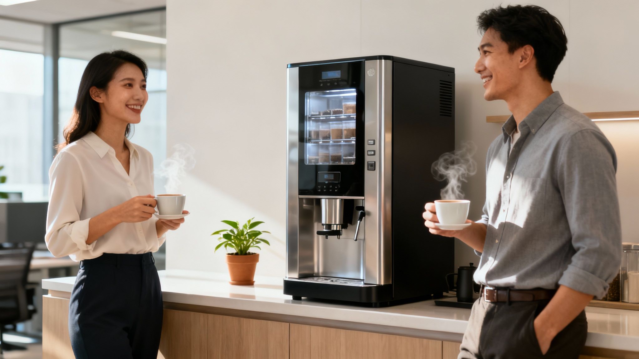 A modern bean-to-cup coffee machine in a stylish office break room, with a person selecting a drink.
