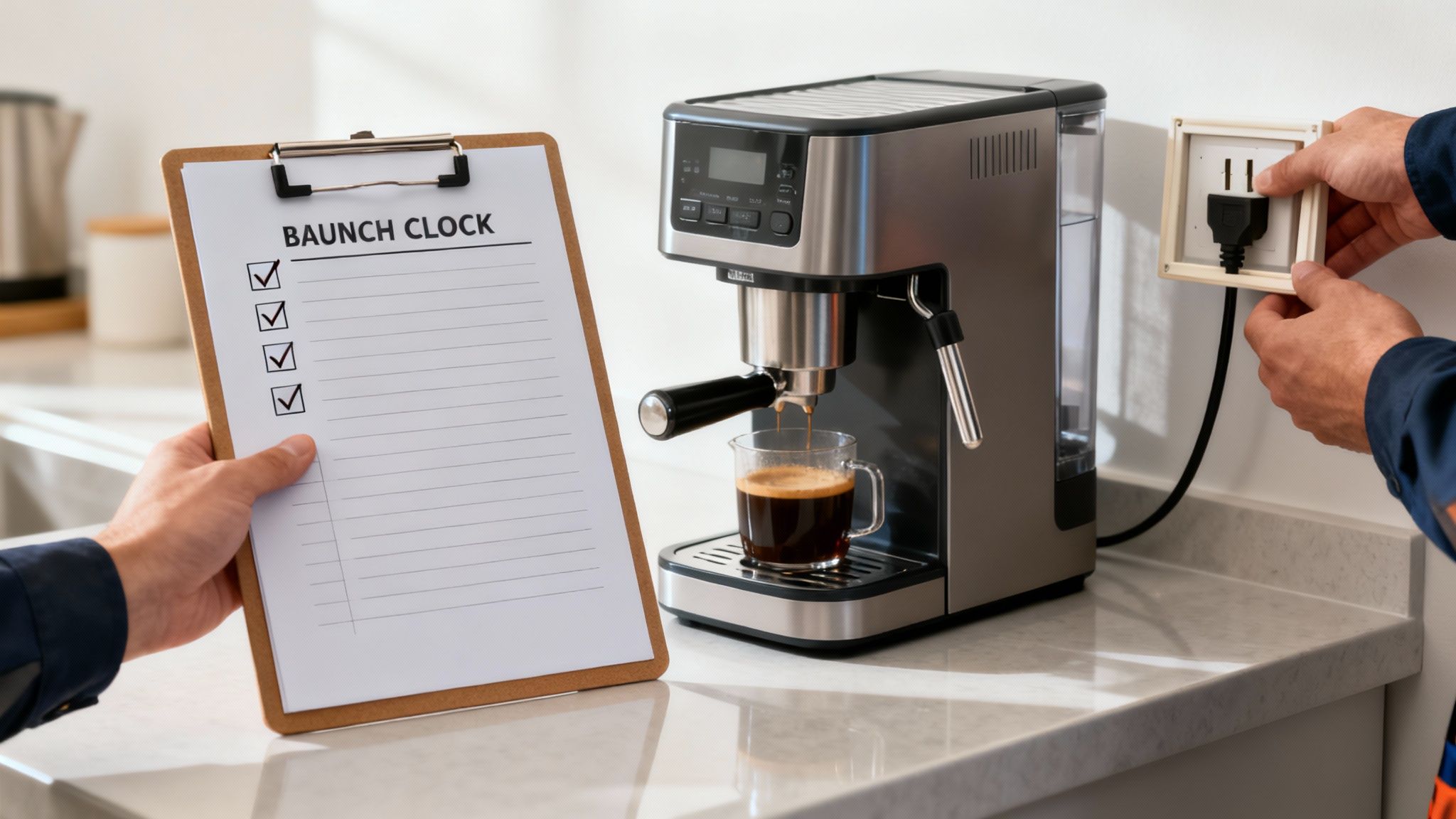 Hands plug in a coffee machine next to a clipboard with a 'BAUNCH CLOCK' checklist, brewing fresh coffee.