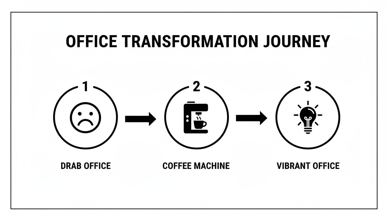 A diagram illustrates an office transformation journey: from a drab office to a vibrant one, powered by a coffee machine.