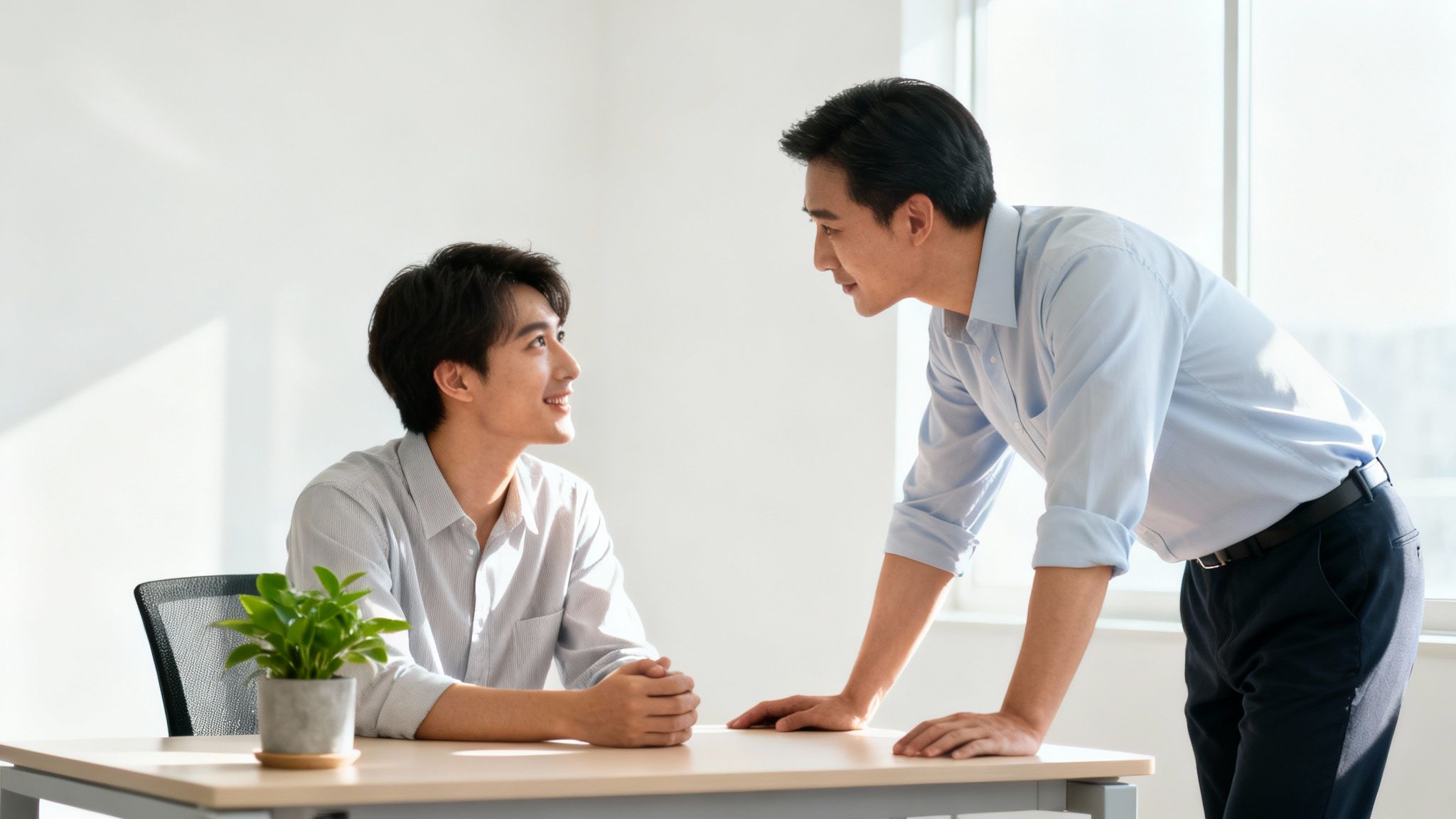 Two smiling men, one seated at a desk and one leaning, engaged in positive office interaction.