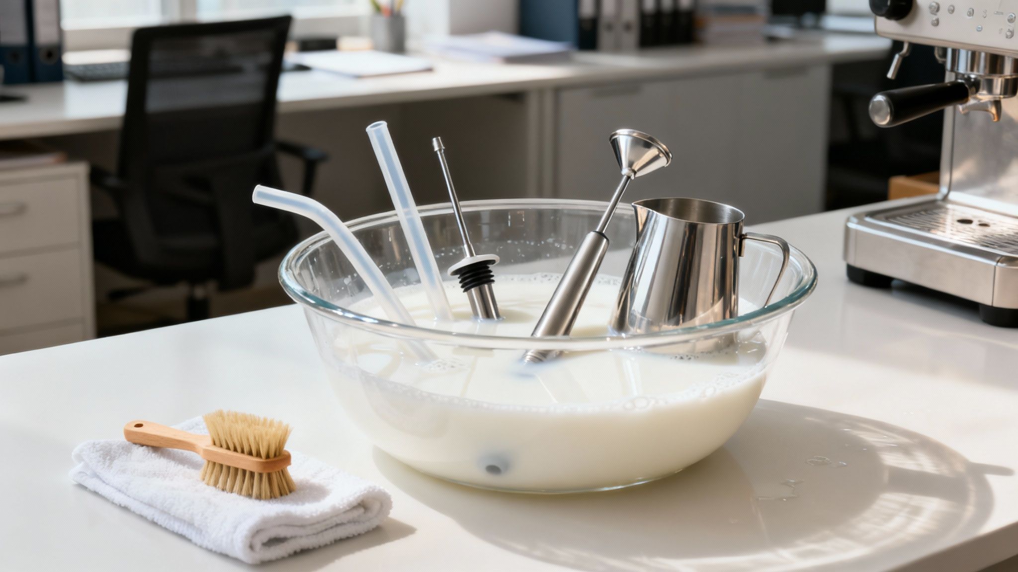 Coffee machine accessories soaking in milky water inside a bowl, with a brush and towel, for cleaning.