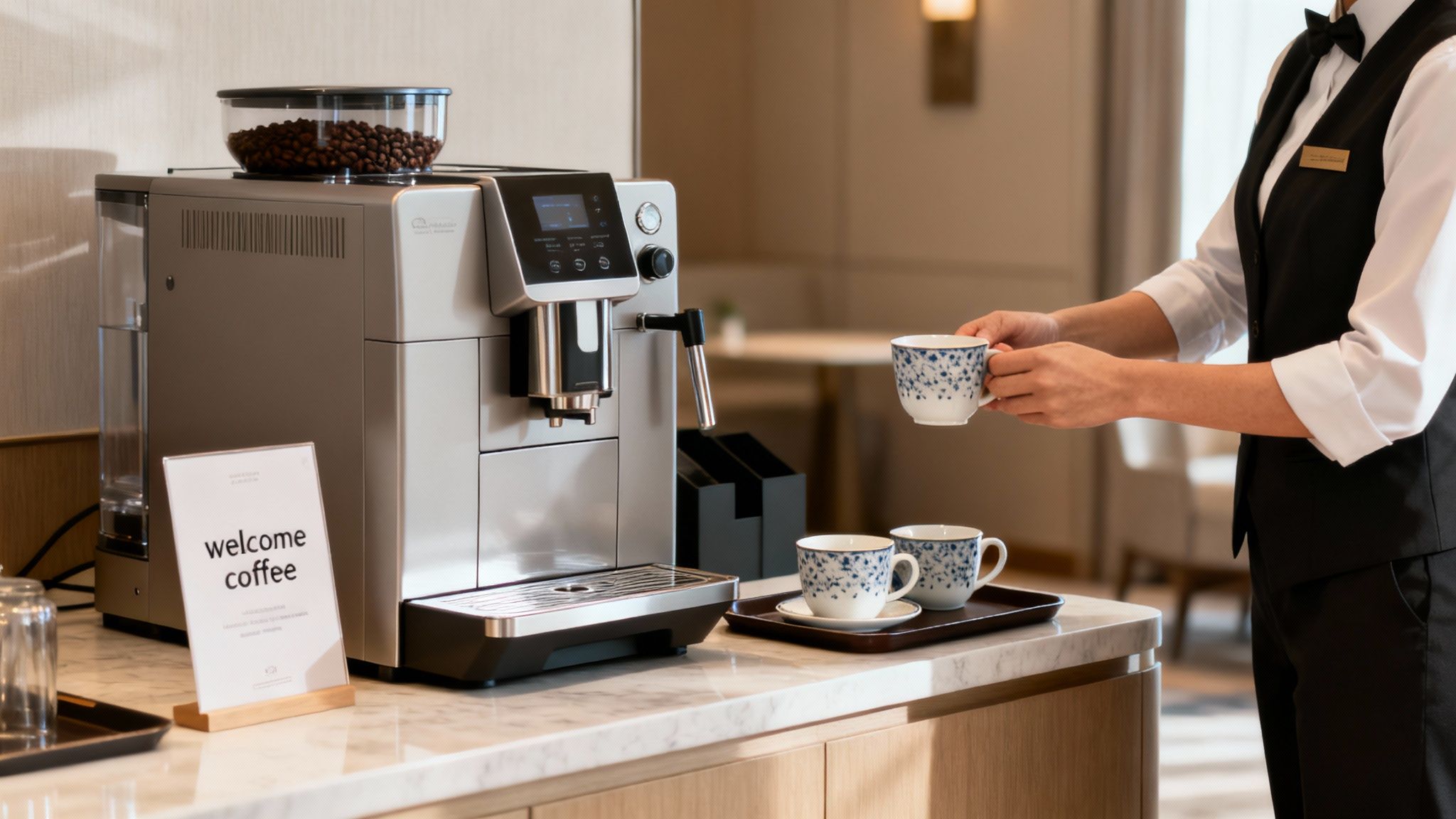 A barista prepares coffee on a modern coffee machine with cups and a welcome sign.