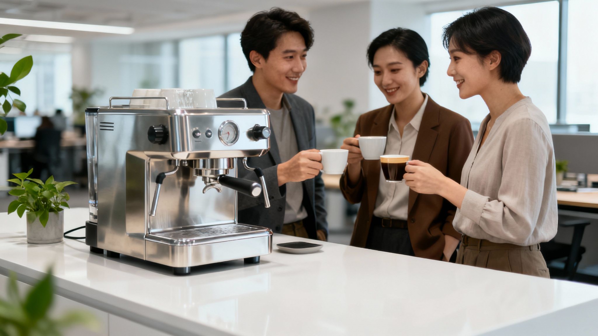 Colleagues enjoying a coffee break together in a modern, bright office kitchen.