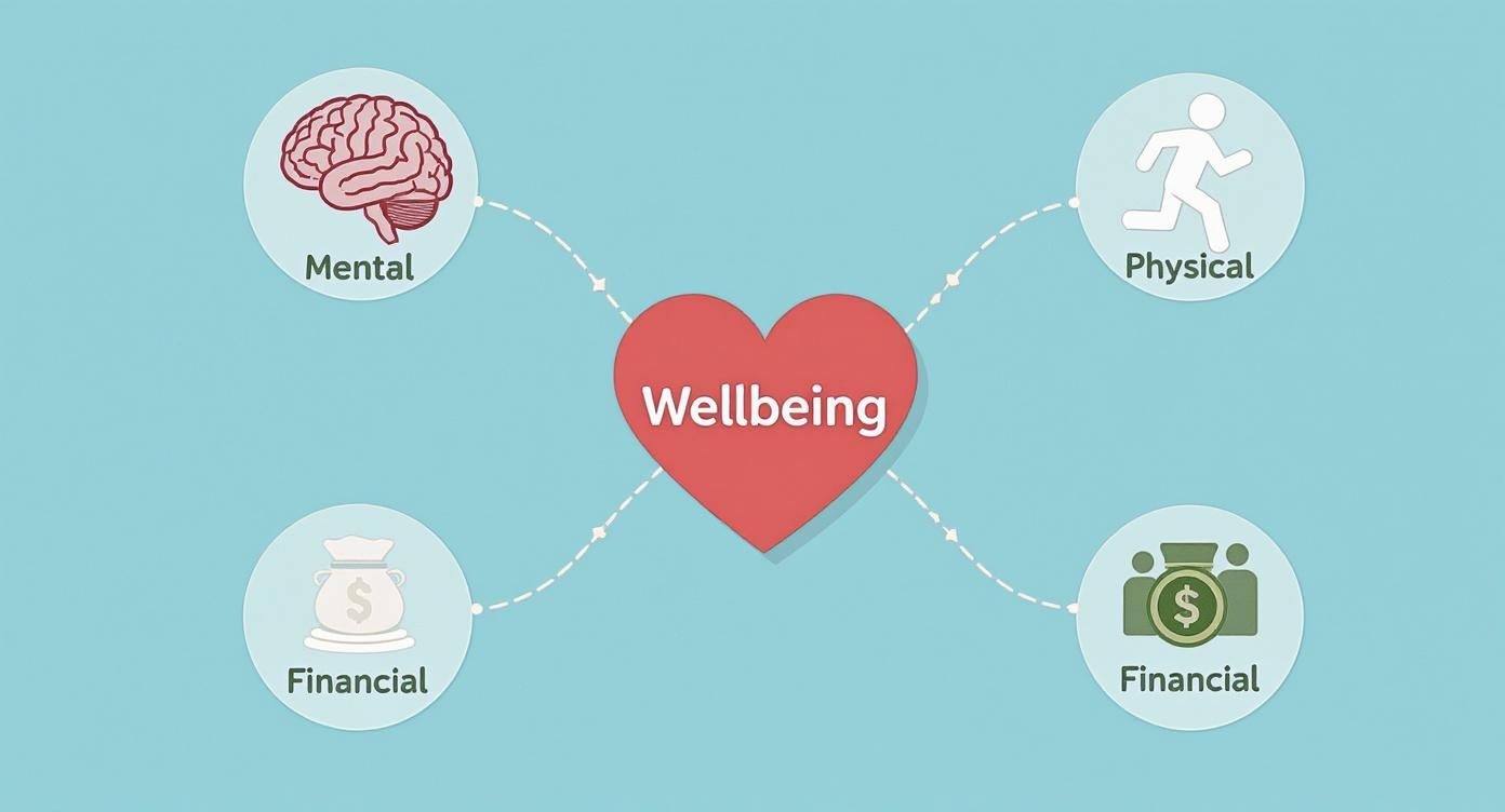 An infographic with a heart labeled 'Wellbeing' connected to mental, physical, and two financial health aspects.