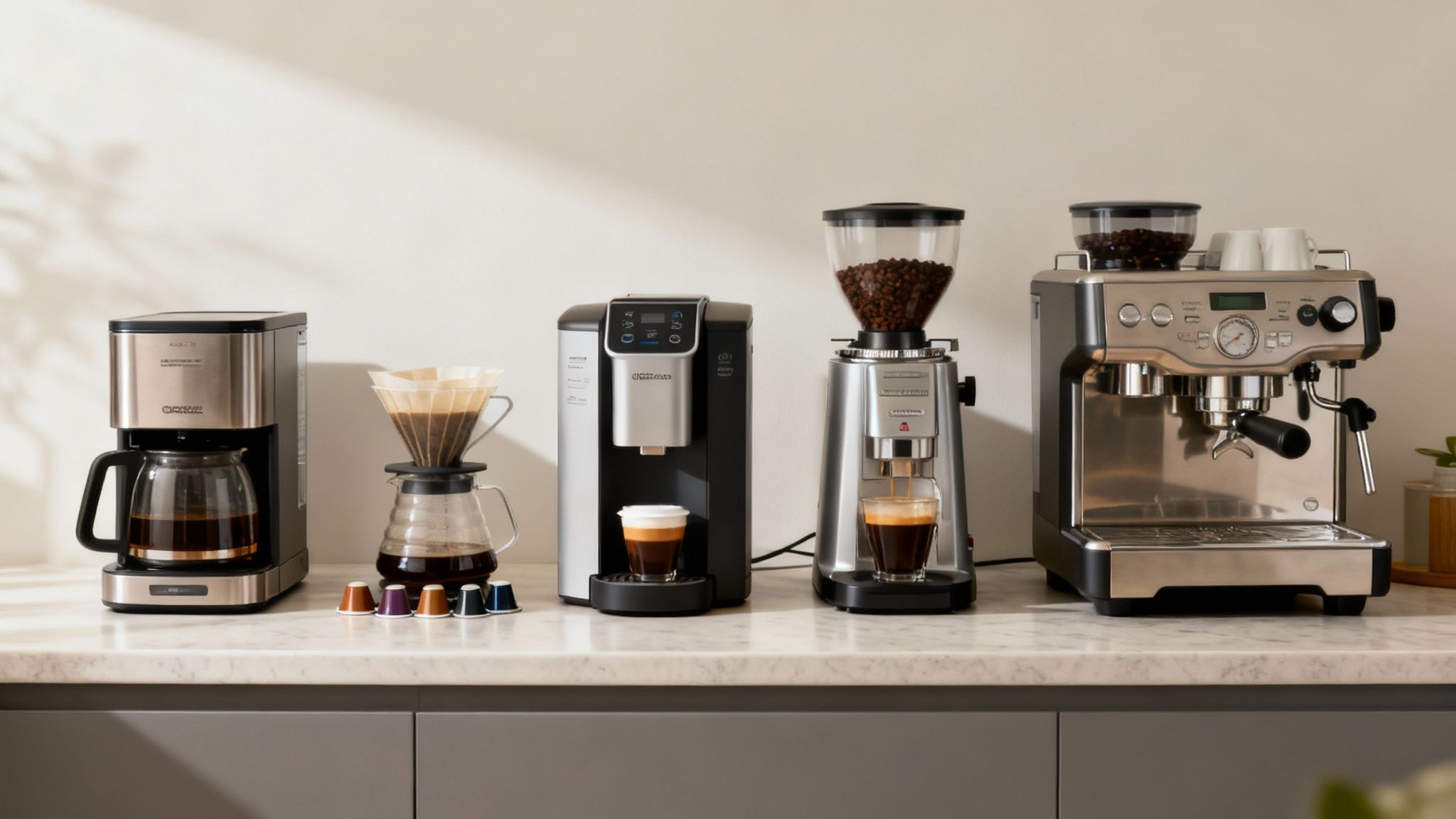 A modern bean-to-cup office coffee brewer next to a window in a stylish breakroom.