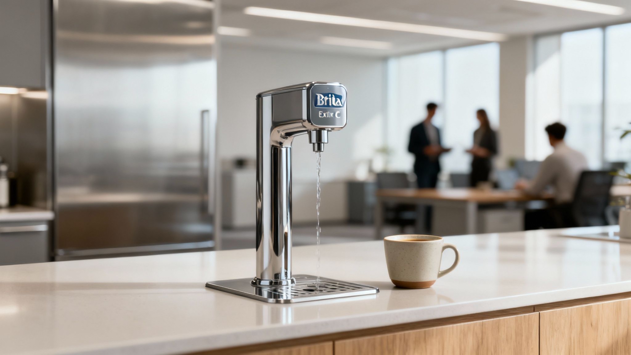 A modern office kitchen featuring the sleek Brita Extra C Tap integrated into the countertop.