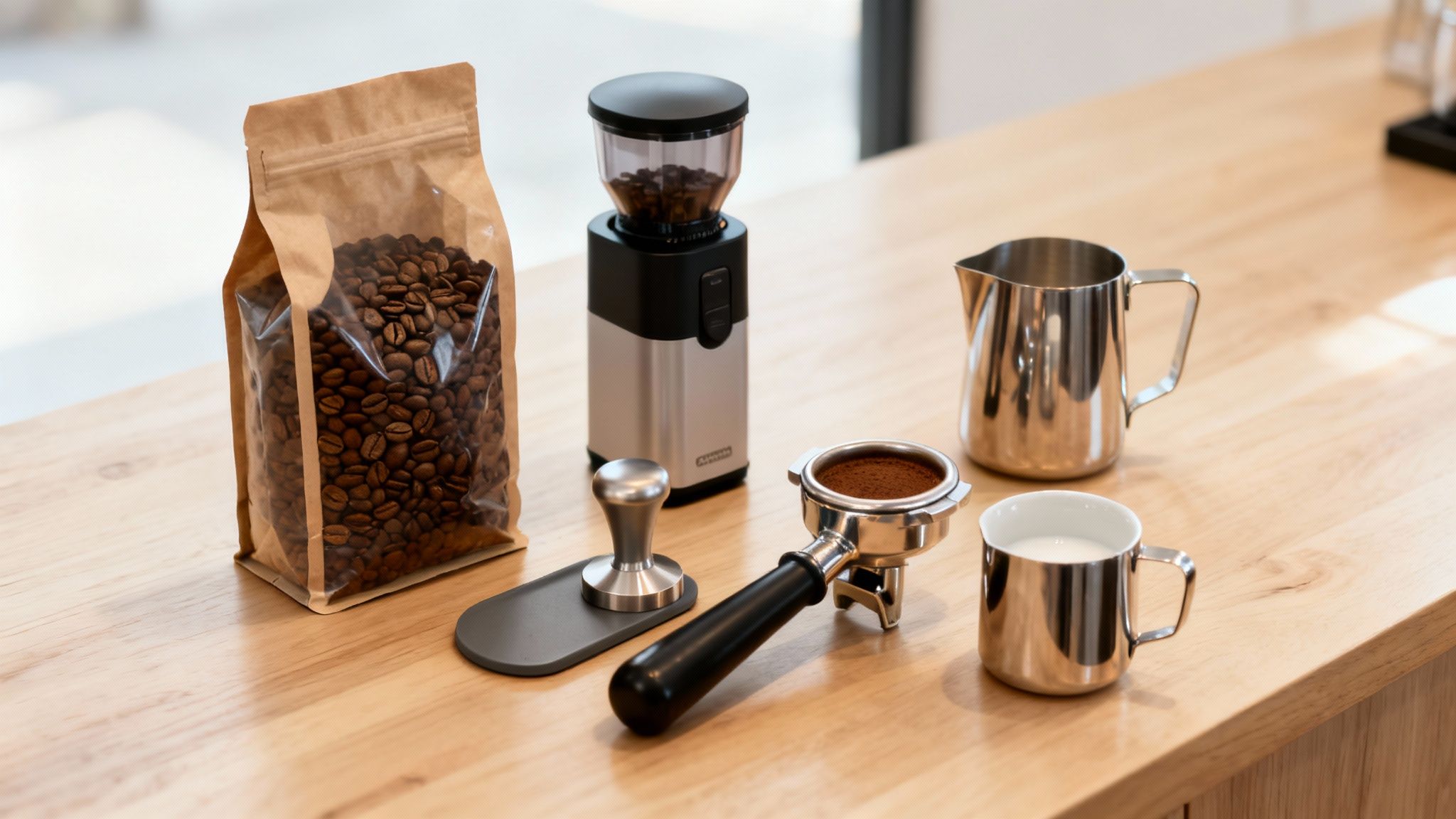 Various coffee accessories, including beans, grinder, portafilter, tamper, and milk pitchers on a wooden counter.