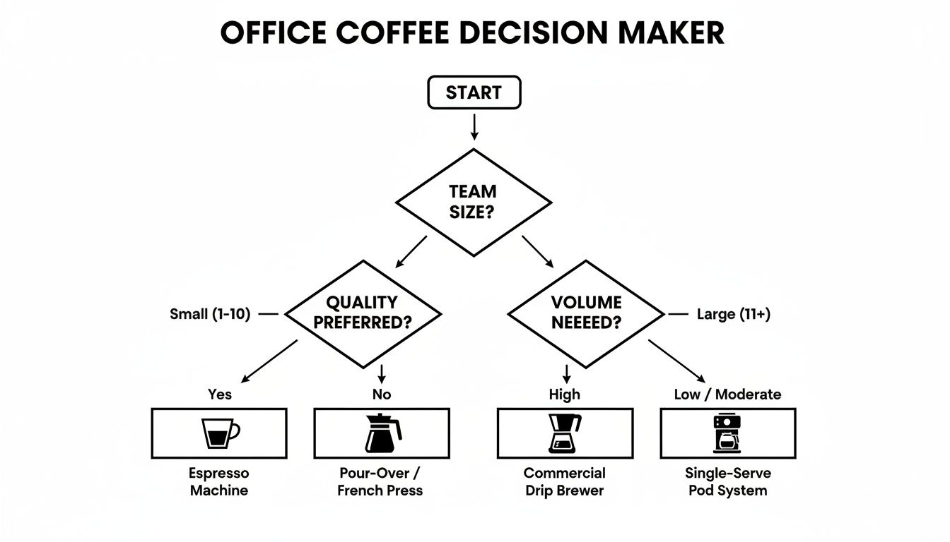 A flowchart titled 'Office Coffee Decision Maker' guides choosing a coffee maker based on team size, quality, and volume.