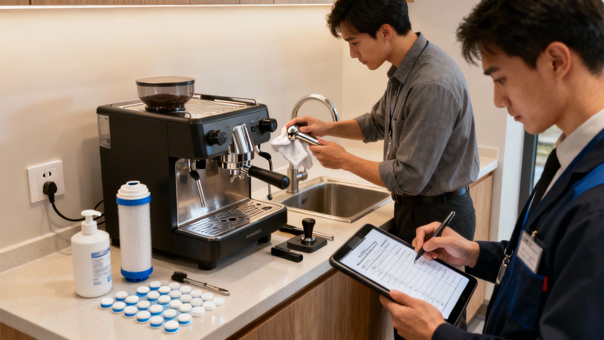 A person's hands are shown cleaning the steam wand of a professional office coffee machine with a blue cloth.