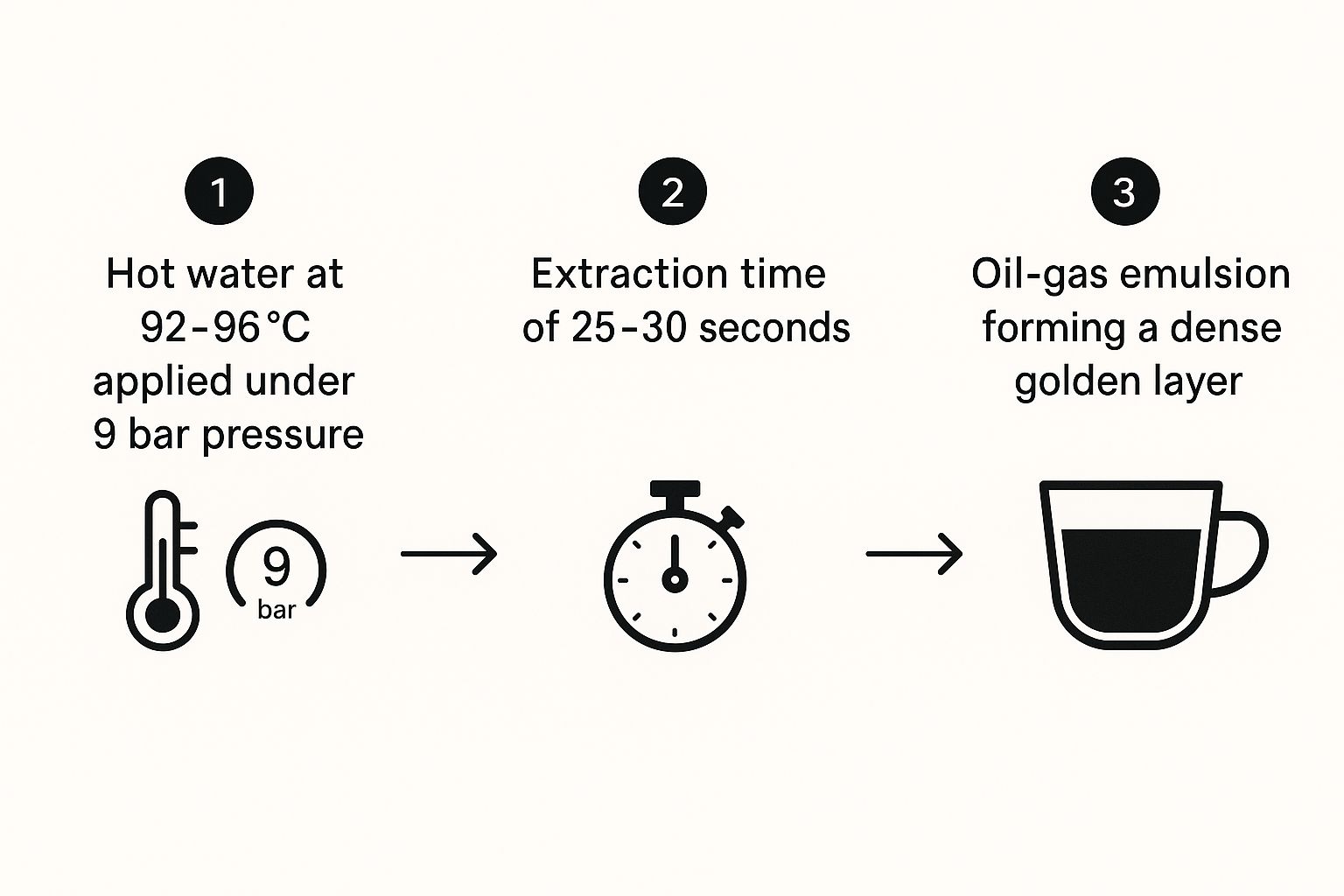 Infographic detailing the process of crema formation, showing hot water at high pressure, an extraction time, and the resulting oil-gas emulsion.