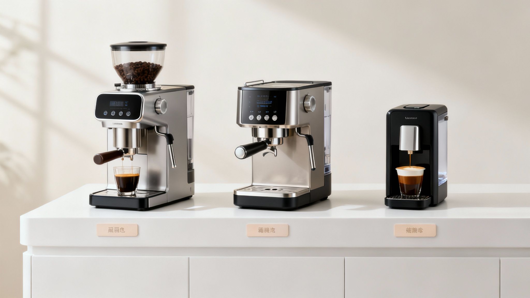 A line of three stylish coffee machines, two silver espresso and one black capsule, making coffee.