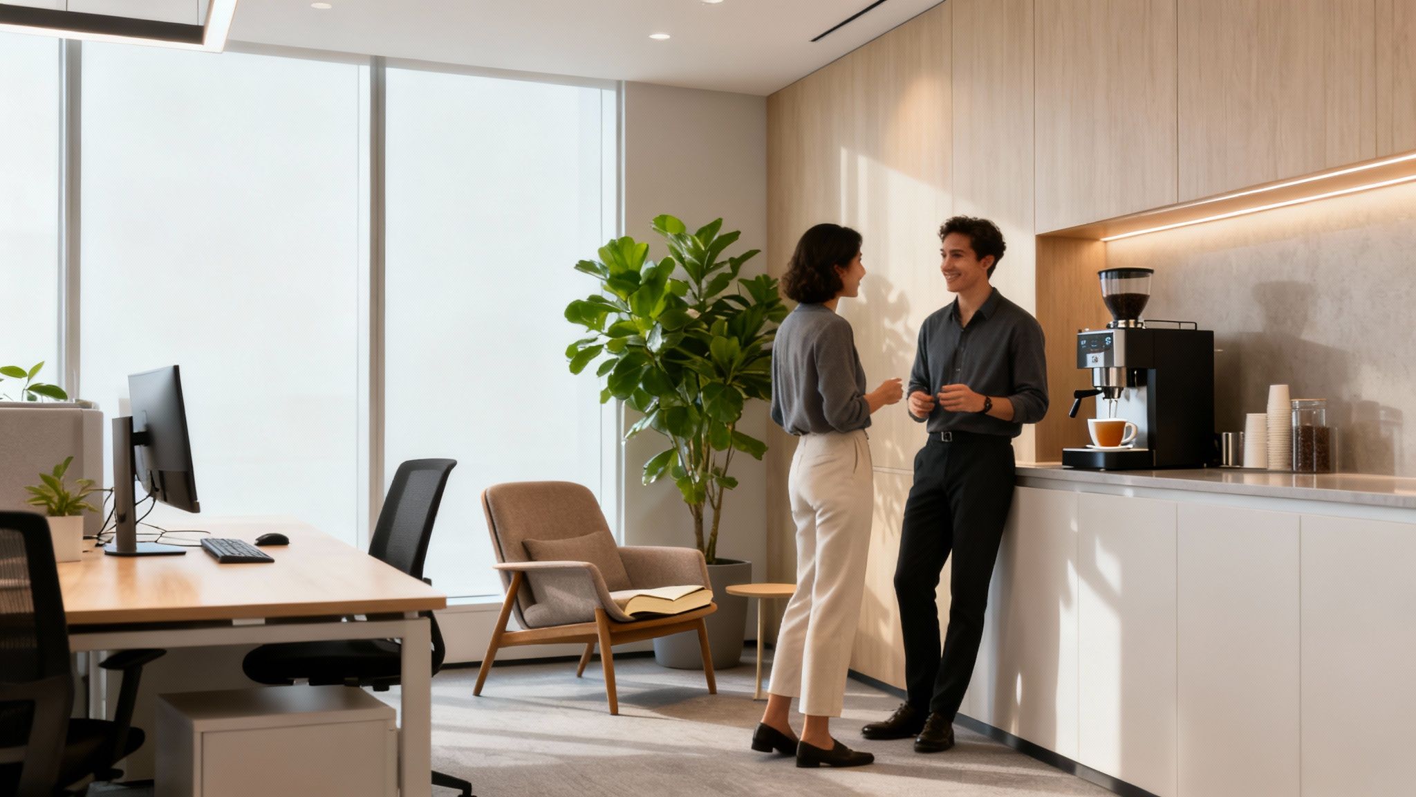 Two colleagues happily chatting by a coffee machine in a bright, modern office break room.
