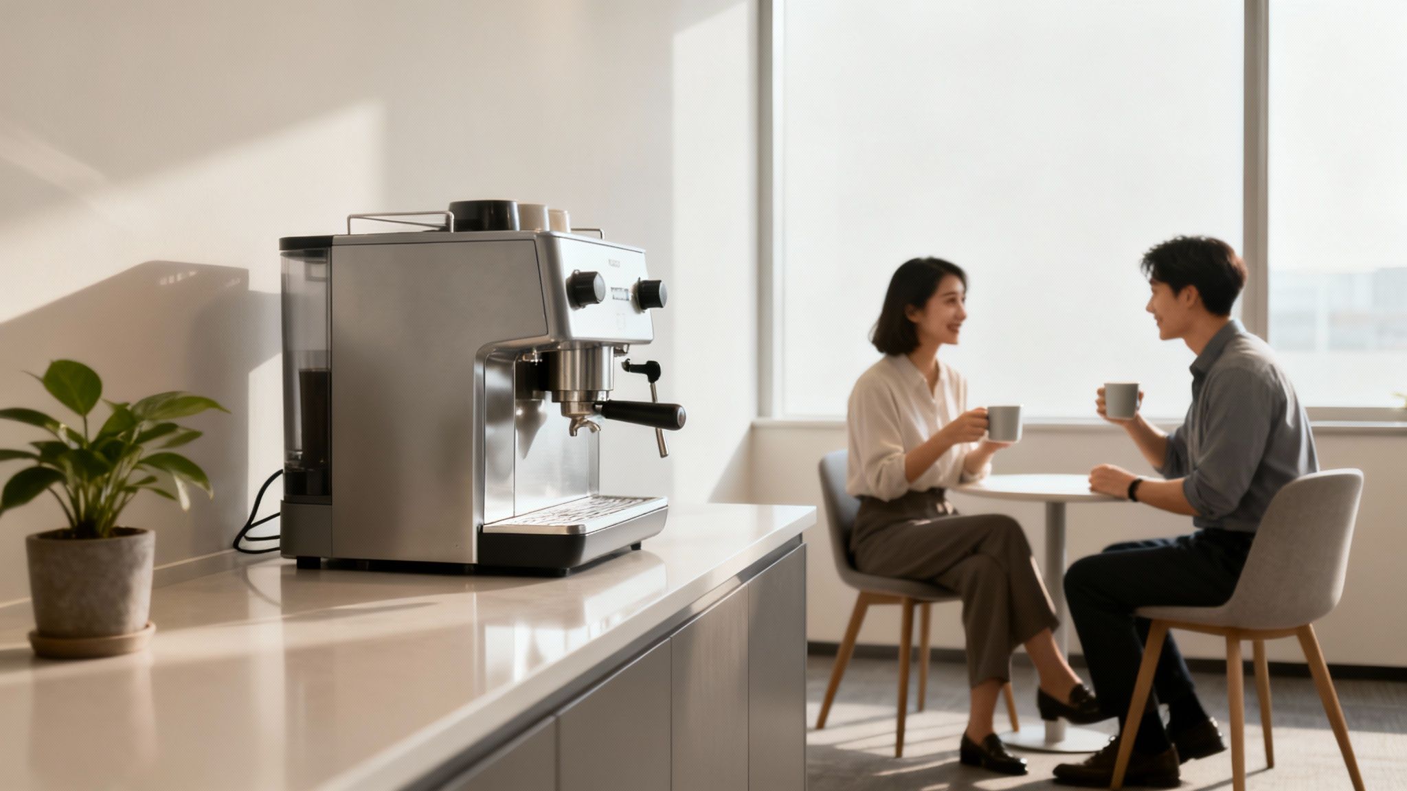 Several people happily making coffee in a modern office breakroom