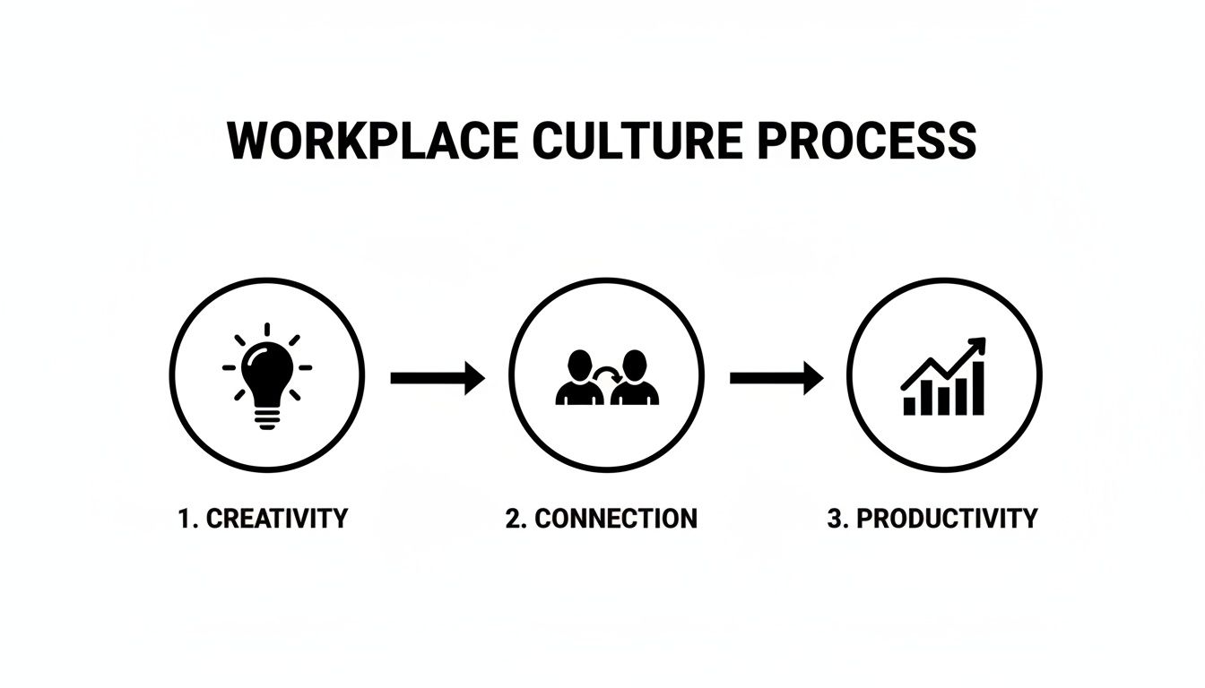 A workplace culture process diagram illustrating creativity, connection, and productivity in sequence.