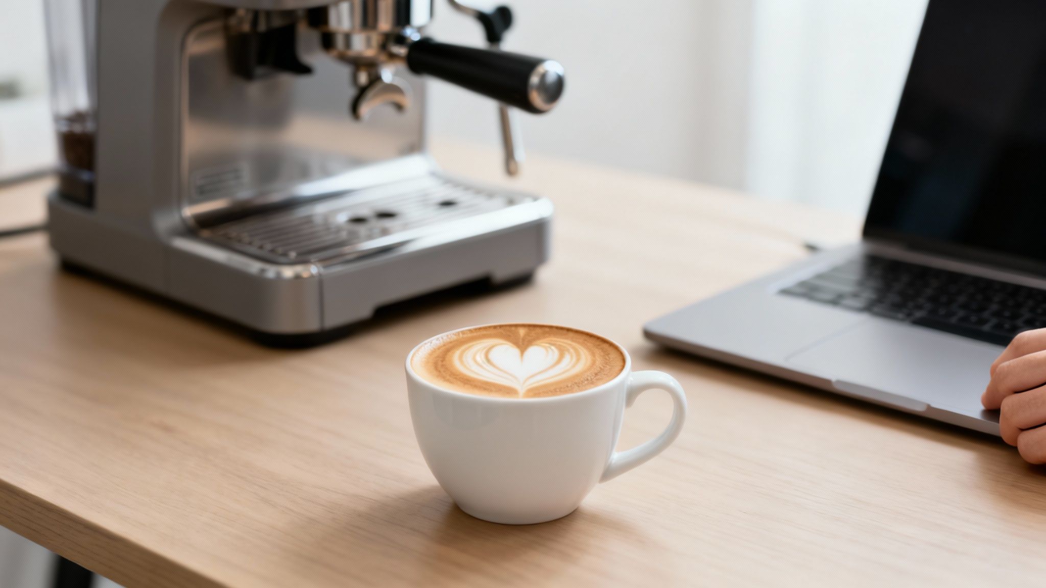 A white cup of latte with heart art on a wooden desk, next to an espresso machine and a laptop.