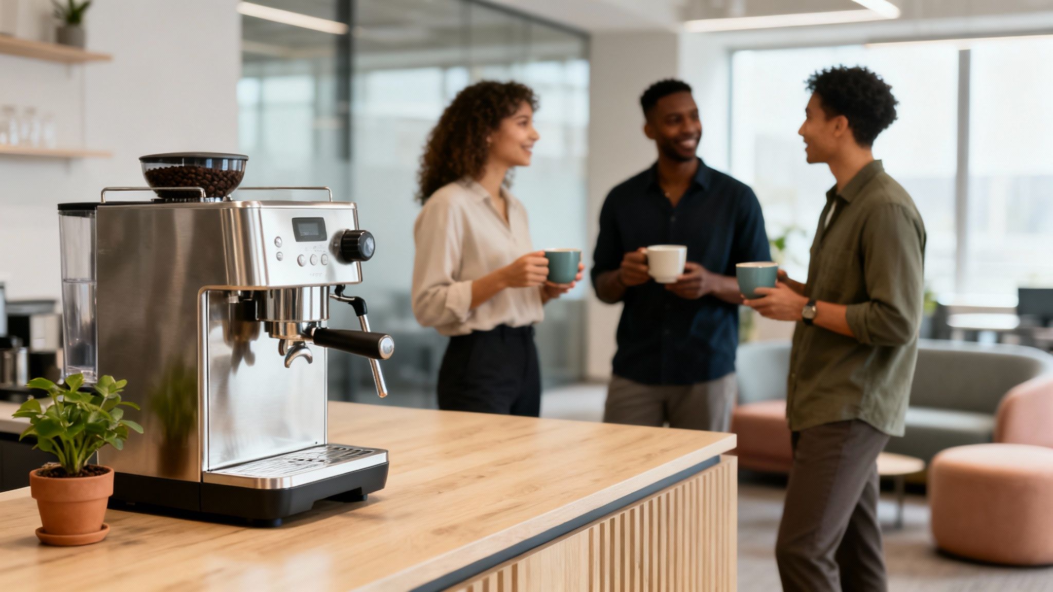 A stainless steel bean-to-cup coffee machine on a wooden counter with people chatting in an office.