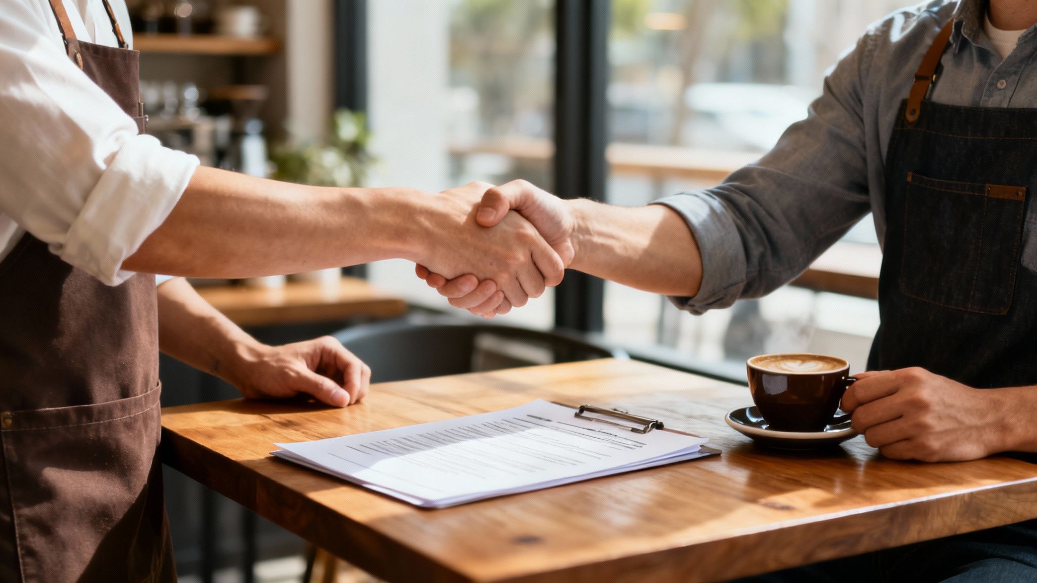 Two people shaking hands over a cafe counter with a professional espresso machine in the background.