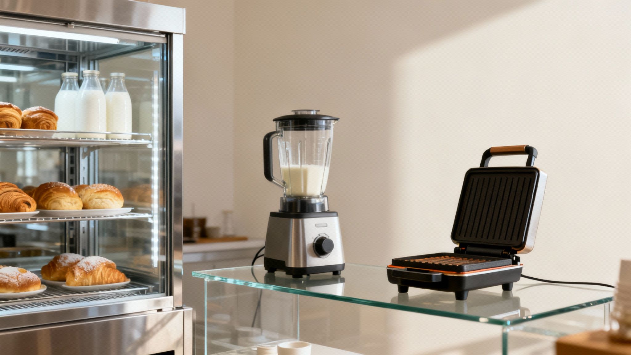 A display of fresh pastries and cakes in a bright, modern coffee shop fridge.