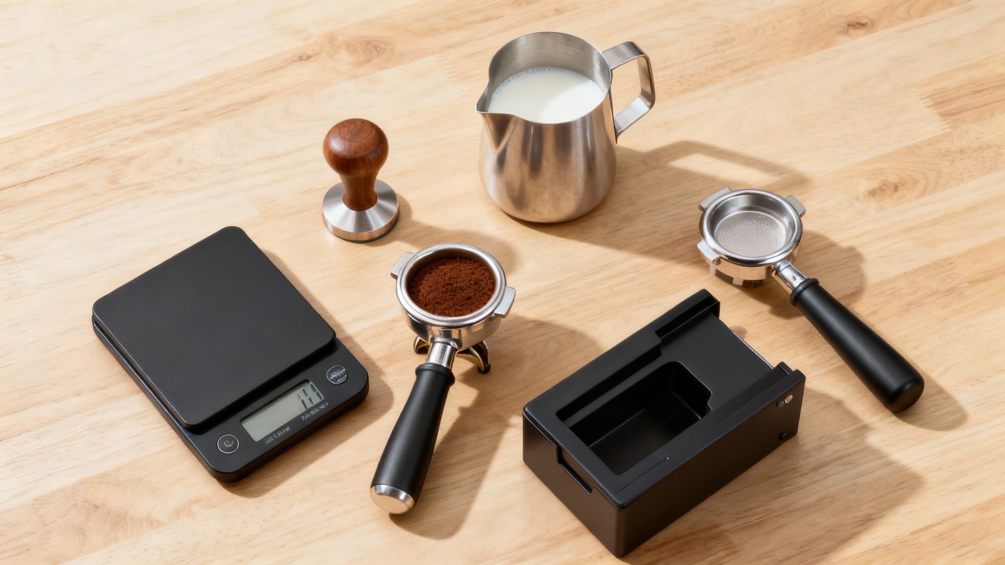 A collection of barista tools including a tamper, milk pitcher, and scale neatly arranged on a wooden surface.