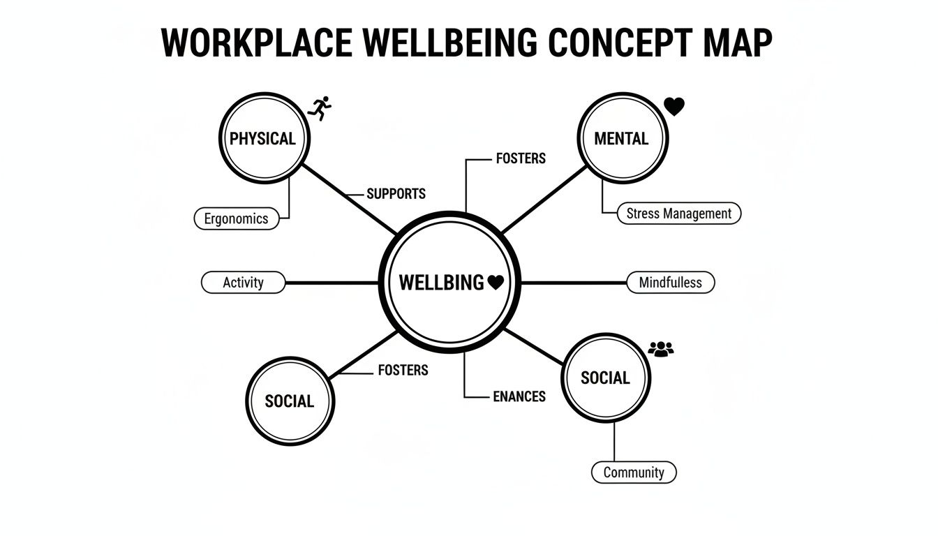 Workplace Wellbeing concept map illustrating physical, mental, and social dimensions with related factors.