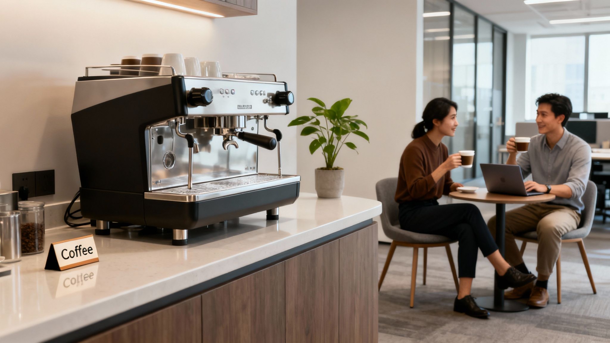 Two colleagues enjoy coffee and a laptop chat near a modern commercial espresso machine in an office.