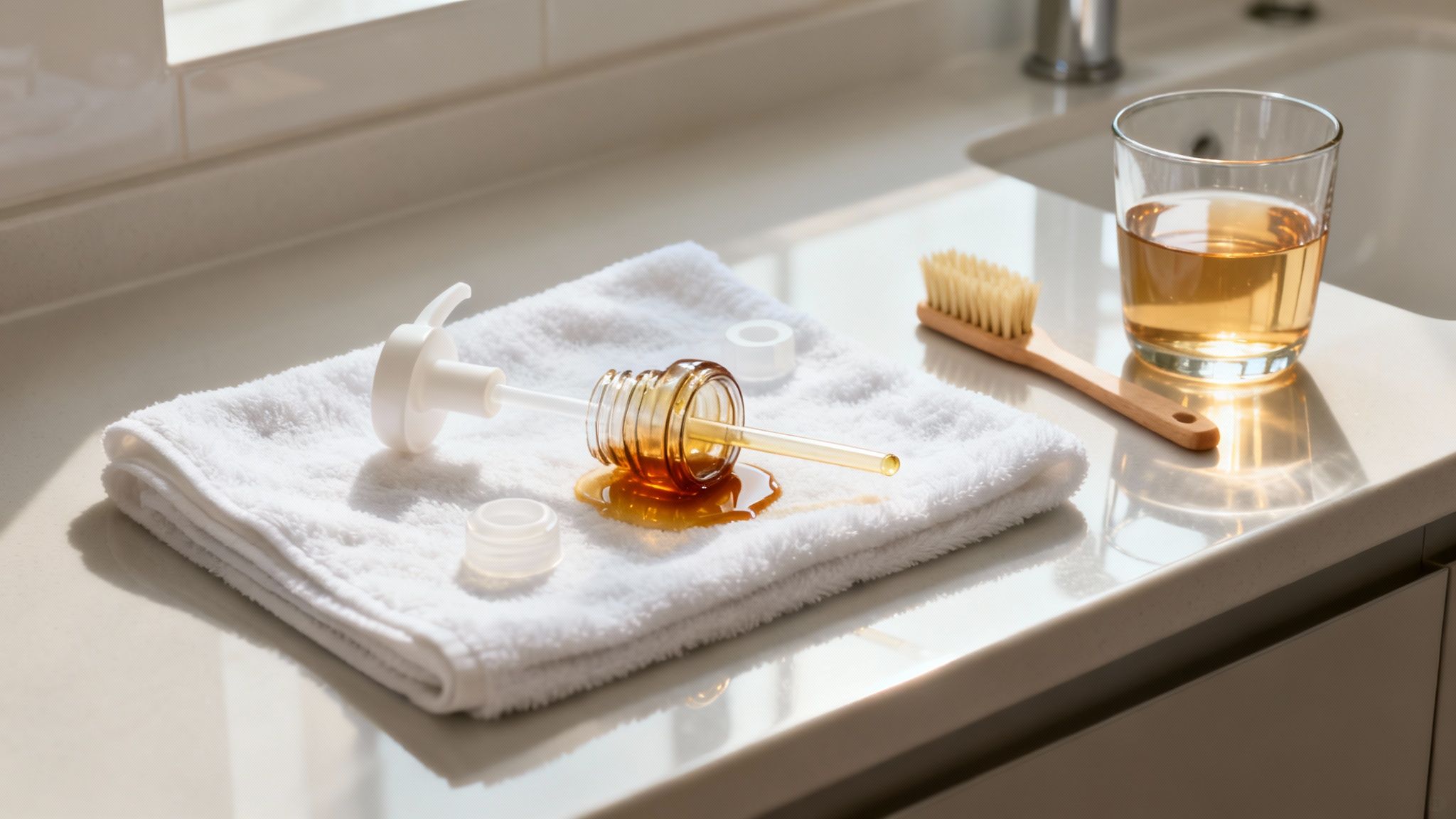 A white towel on a countertop with a spilled honey dipper, a pump, brush, and a glass of liquid.