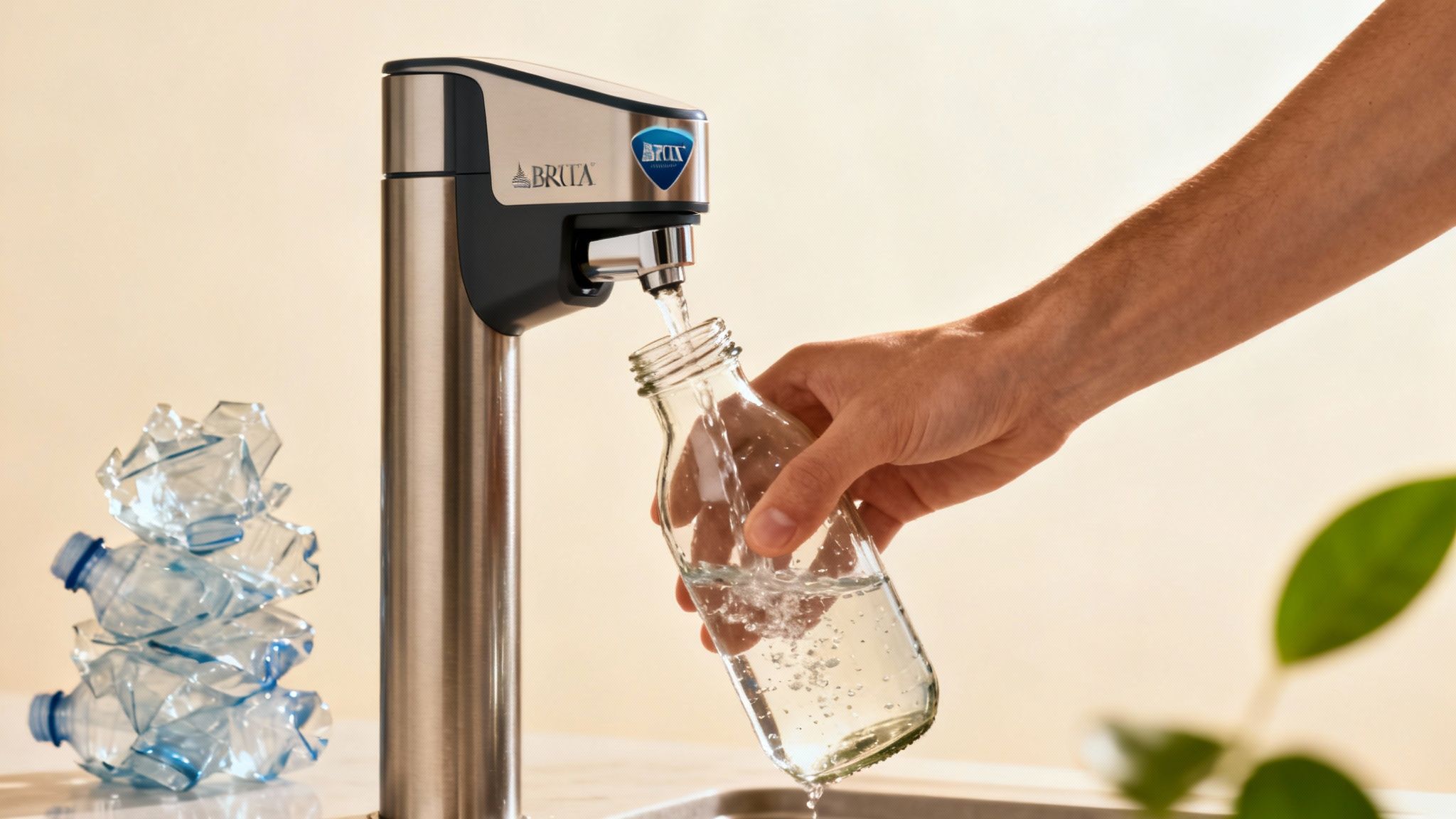 A family enjoys fresh, filtered water from a BRITA integrated tap in a sunlit kitchen.