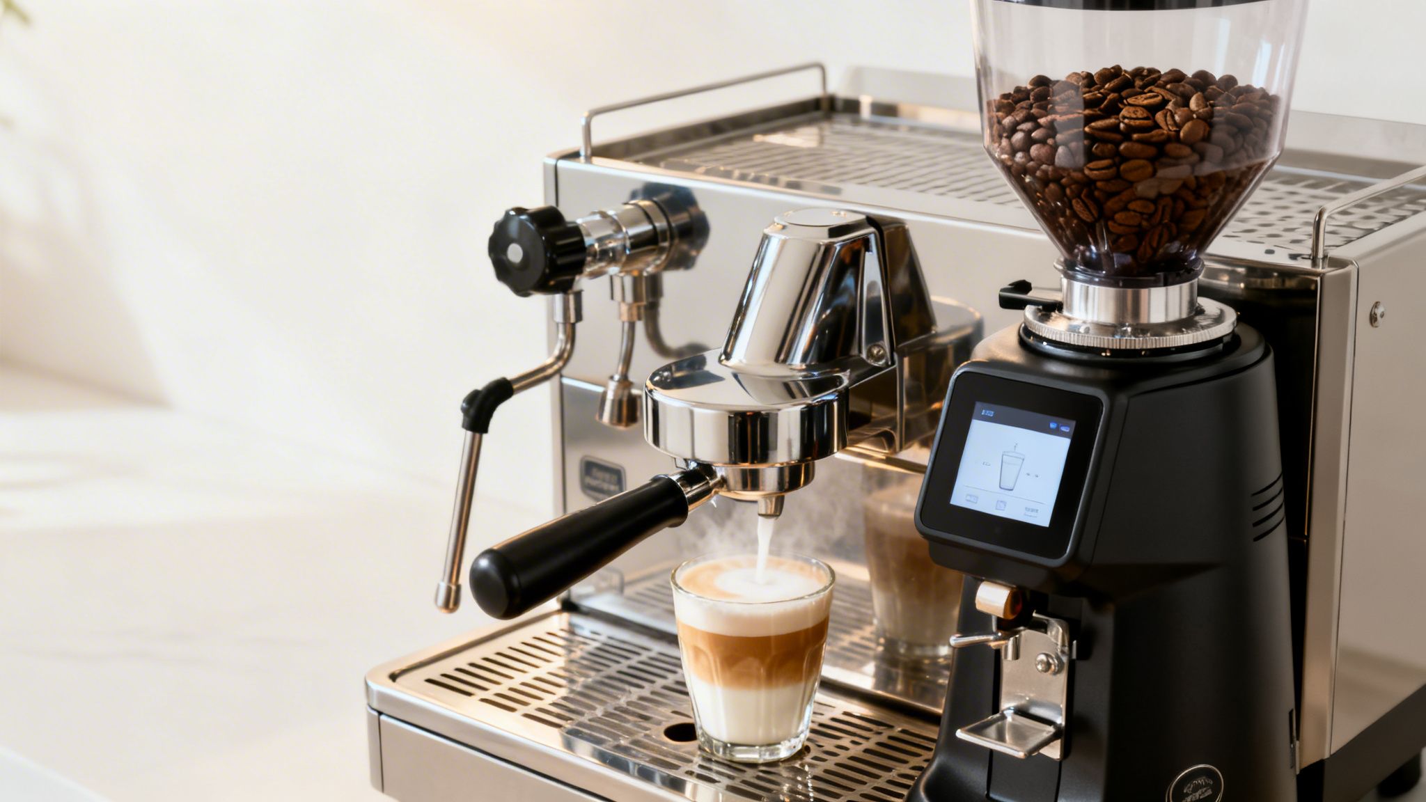 A professional stainless steel espresso machine and a black grinder making a layered latte.
