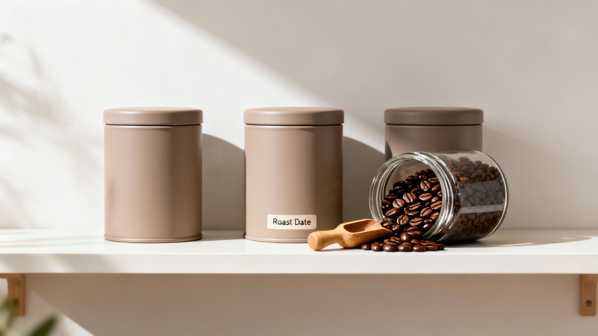 Three brown coffee canisters and a jar of whole coffee beans with a scoop on a white shelf.