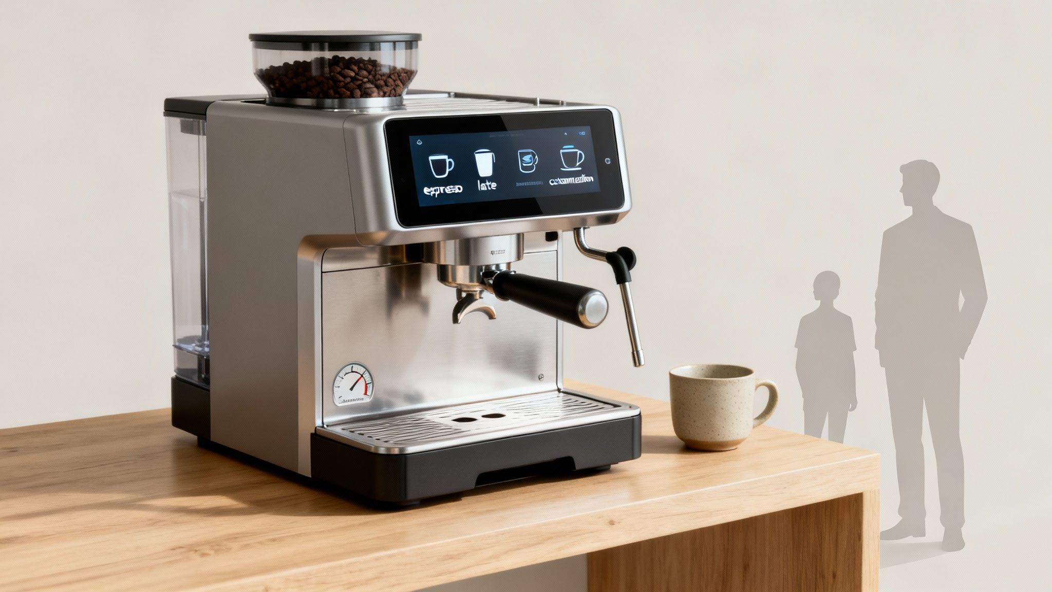 Sleek, stainless steel bean-to-cup coffee machine on a light wooden counter with a ceramic mug.