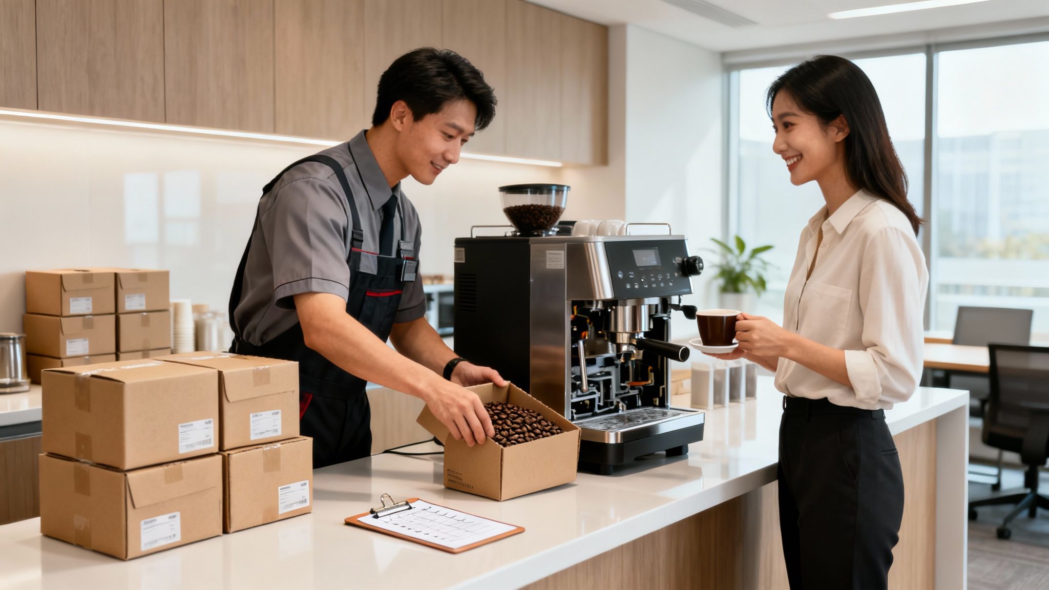 A smiling technician refills an office coffee machine with beans while a woman enjoys a fresh cup.