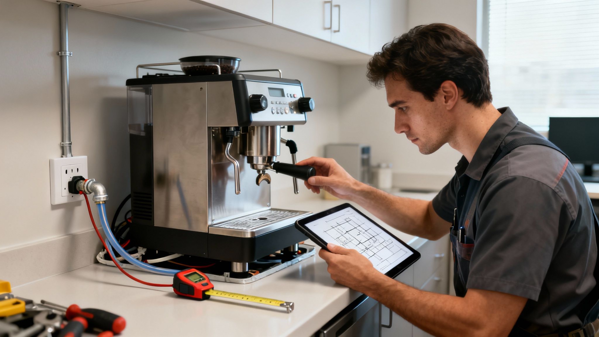 A male technician services a professional coffee machine in a commercial setting, using a digital blueprint.