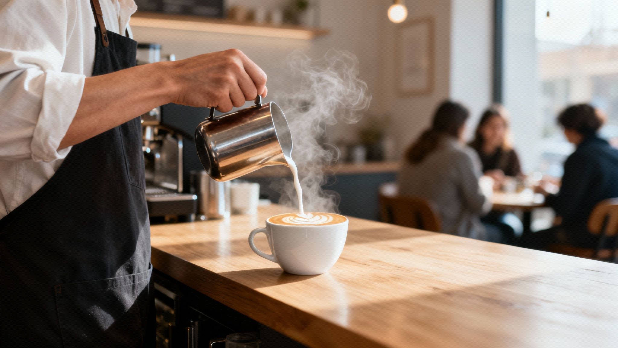 A barista expertly pours steaming milk from a metal pitcher into a white coffee cup, creating latte art.