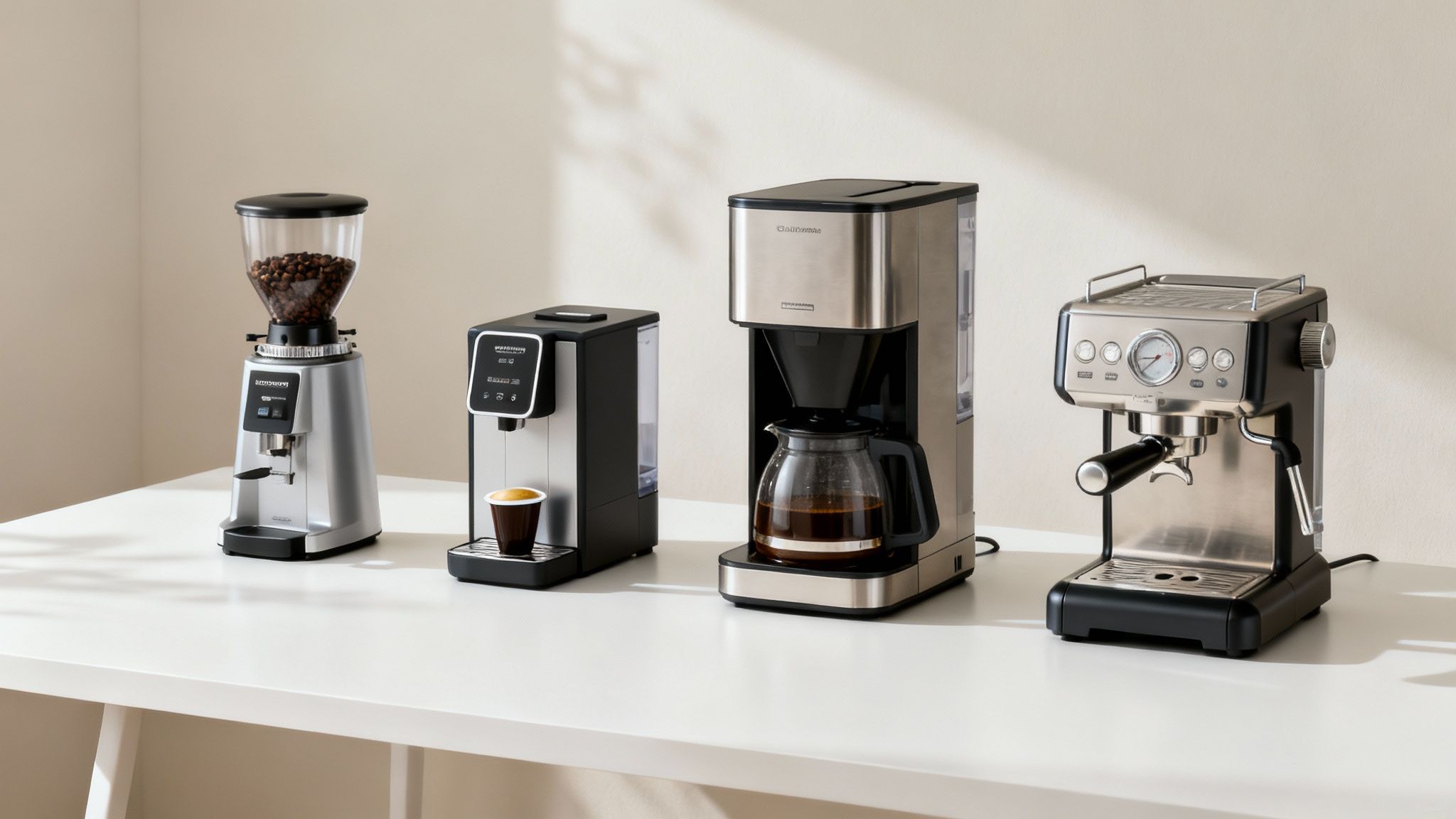 Four different types of office coffee machines displayed in a modern kitchen setting.