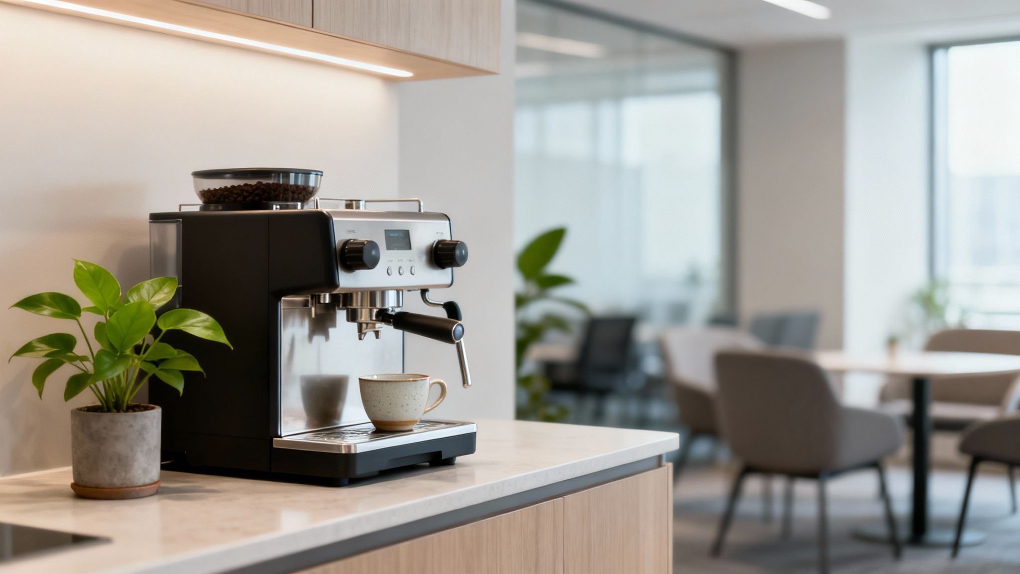 A modern coffee machine with whole beans and a cup on a counter, with a green plant in an office kitchen.