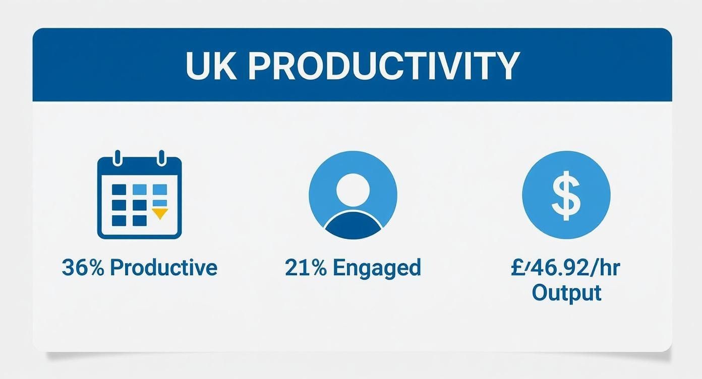 Infographic showing UK productivity statistics: 36% productive, 21% engaged, and £46.92/hr output.