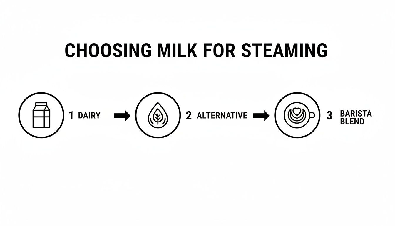 Diagram illustrating the three milk choices for steaming: Dairy, Alternative, and Barista Blend.