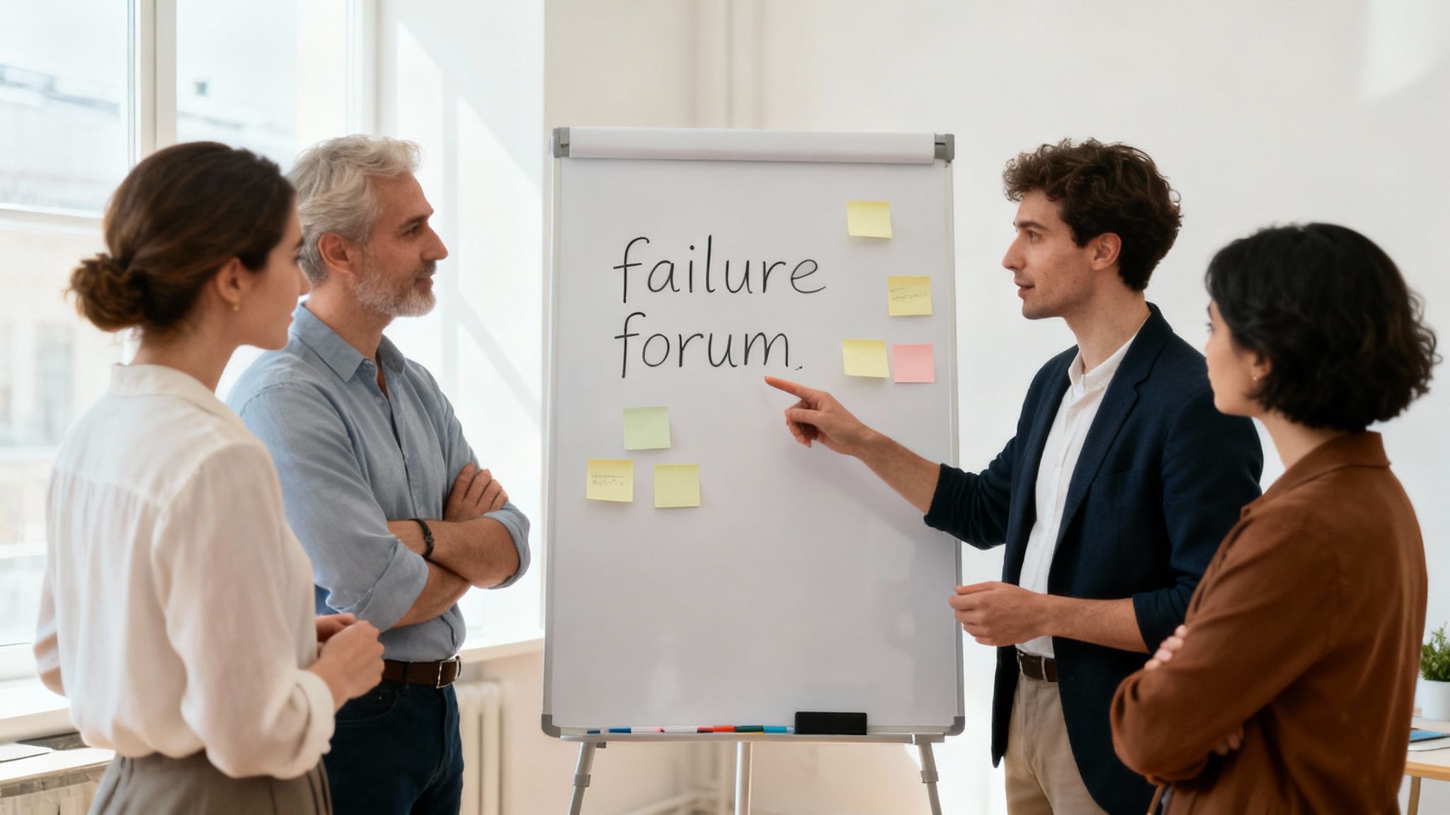 Four diverse business people discussing at a whiteboard with 'failure forum' written on it during a meeting.