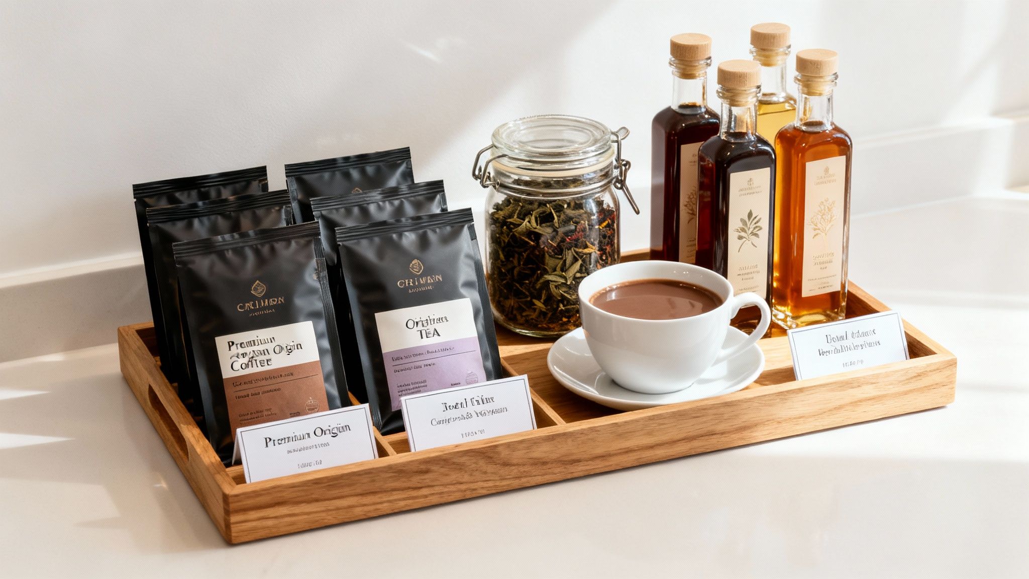Assortment of premium coffee, tea, and bottled beverages on a wooden tray with a cup of hot drink.
