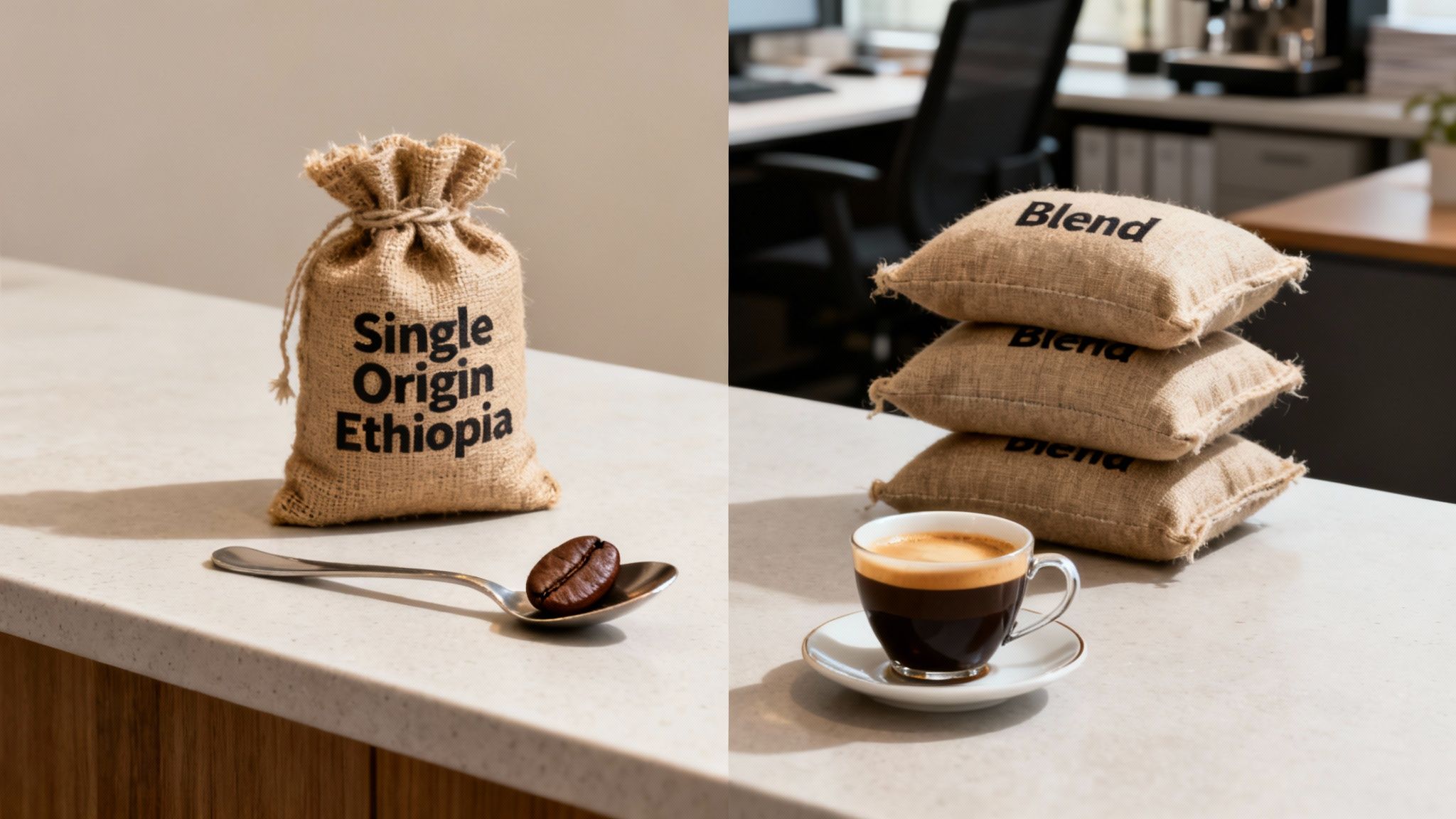 Comparison of single origin Ethiopian coffee in a bag with a bean, and blended coffee bags with an espresso.