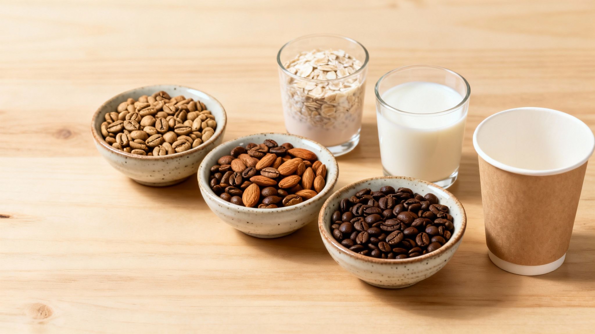 Various coffee beans, almonds, oats, and milk on a wooden table for diverse office coffee solutions.